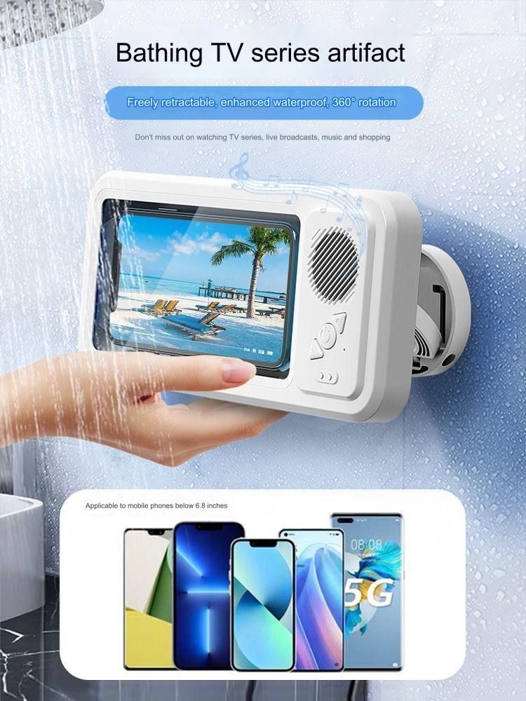 Retractable bathroom waterproof mobile phone box with Bluetooth speaker, punch-free 360° rotating mobile phone holder