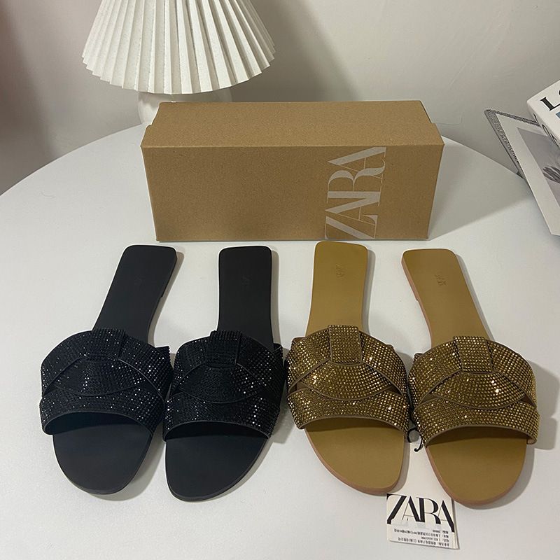 ZA2024 new summer flat women's shoes round head word with rhindiamond-bright open toe after empty half sandals women