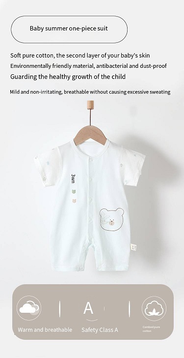 Baby Summer Ice Ceramic Cotton Romper, Short Sleeve No Bone Stitching Onesie, Breathable Cotton Infant Jumpsuit with Snap Closure, 66-80cm