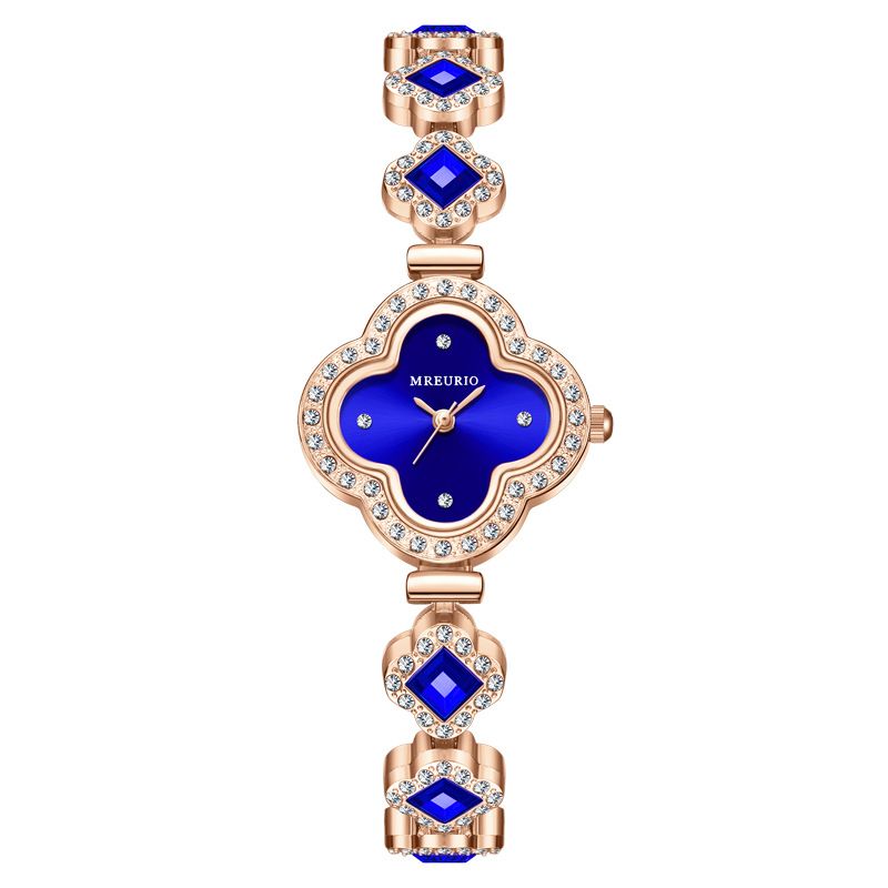 Best Wrist Watches For Ladies  Four-Leaf Clover Bracelet, Versatile, Luxurious, Green Gem-Set Diamond Compact WatchBlue