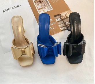 Bowknot Diamond Light Weight Women's Summer Outdoor Heeled Sandals Heeled Slides Pumps
