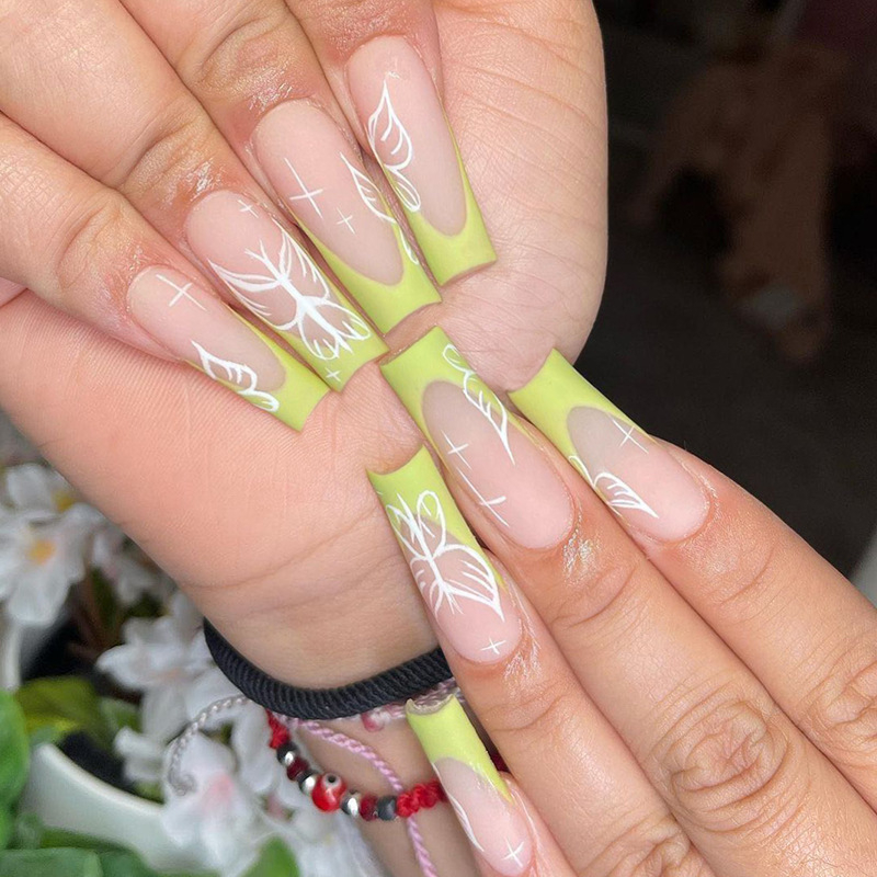 JP1619 24 Pcs Matte Press on Nails, Super Long Coffin French Fake Nails with Butterfly Print, Full Cover Artificial False Nails for Women and Girls