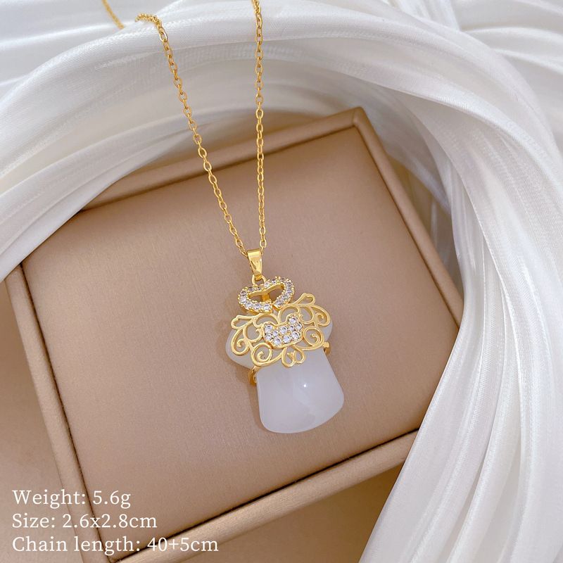 Women Titanium Steel Imitation Jade Qipao‑Shaped Pendant Clavicle Necklace, Vintage Hollow Micro‑Paved Zircon Inlaid Charm Necklace, Elegant Luxury Fashion Neck Jewelry, Adjustable 40+5cm Chain, Versatile Daily Banquet Dating Accessory Gift for Ladies