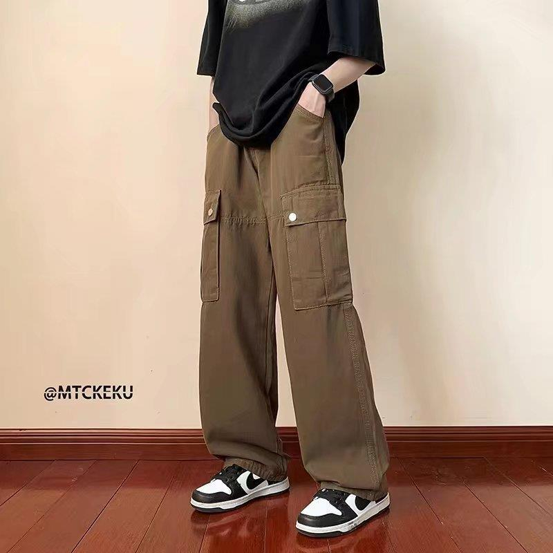 EH Men's Spring and Autumn Retro Large Pocket Wide Leg Pants Casual Solid Color Loose Pants