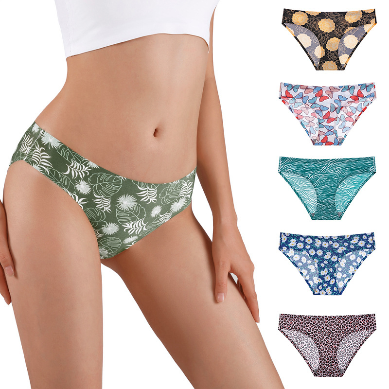 881 women's soft breathable underwear low-rise non-marking panties printed pattern ice silk girl briefs 6pcs set