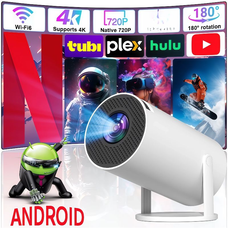 HY300 Mini Portable Projector, Support 4K 1080P with Dual-Band WIFI6 5G Wireless 5.0 Bluetooth Android 11, 180° Rotatable, Auto Keystone Correction, 35"-130" Screen Video Projector
