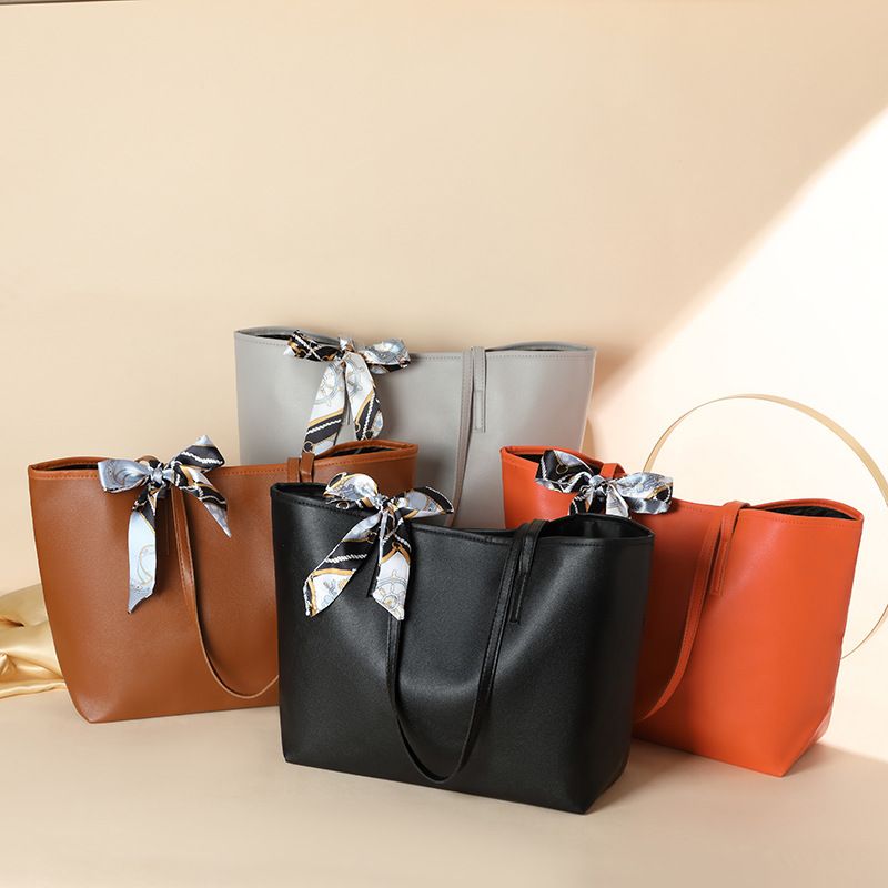 Simple Large Capacity Tote Bag Litchi Grain Shoulder Bag with Silk Scarf Bow Decoration Portable Ladies Daily Handbag for Shopping Work Travel
