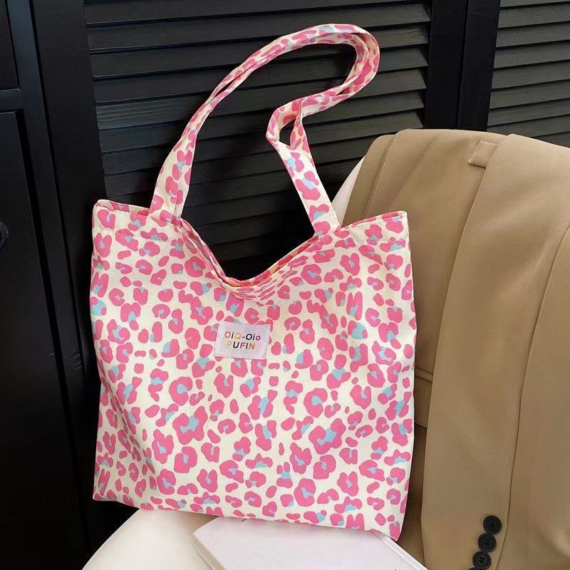 Pastoral Floral Pink Shoulder Bag, Ins Trendy Leopard Print Canvas Tote Bag, Large Capacity Versatile Handbag, Casual Shopping Bag for Women Daily Outdoor Use
