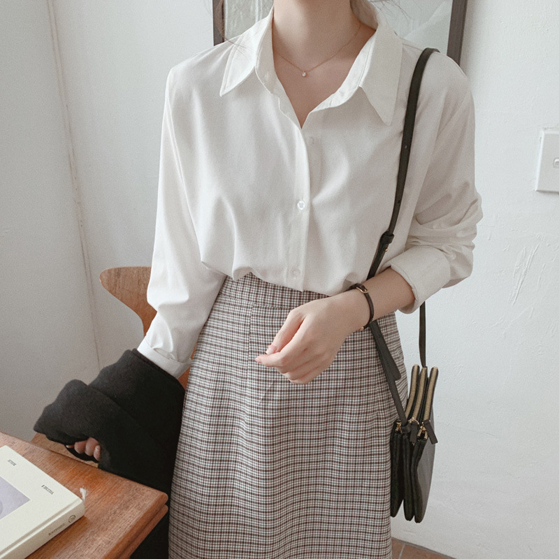 R2007-19-894 Women's Spring New Solid Color Professional Shirt Loose Long Sleeve Shirt