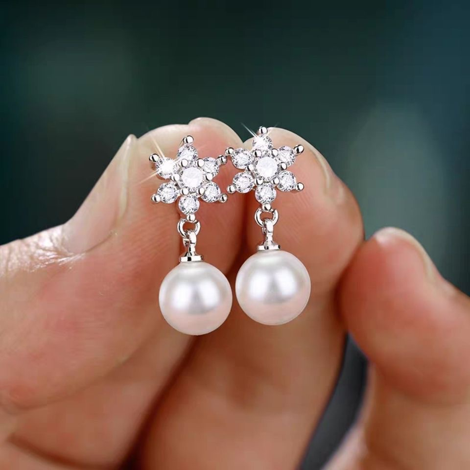 H130 Women's Pearl Silver Plated Ear Pins Snowflake Eight Star Set Diamond Earrings Jewelry Gift