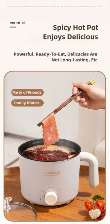 DISI multifunctional electric cooking pot with steamer, two levels of firepower,portable cookware,stew,boil,saute,fry,steam,1.5L