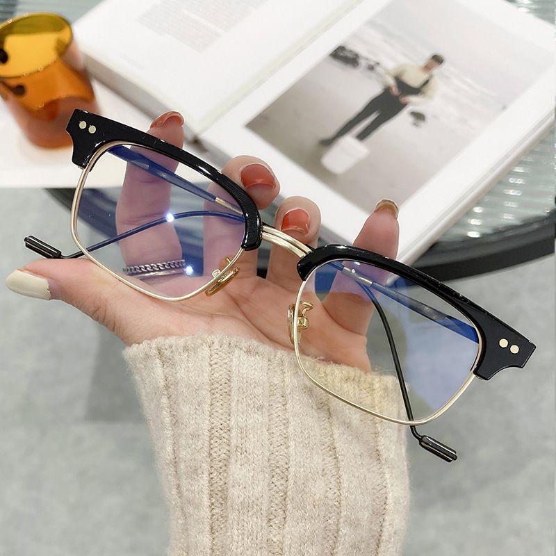 R-362 Men's and Women's Retro Half Frame Blue Light Resistant Glasses, Square Flat Light Glasses