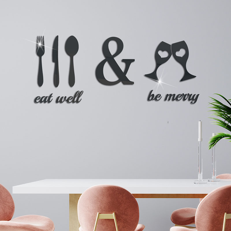 JM808 Eat Well Knife And Fork Wine Glass Acrylic Mirror Sticker Stereo Self-Adhesive DIY Mirror Wall Sticker