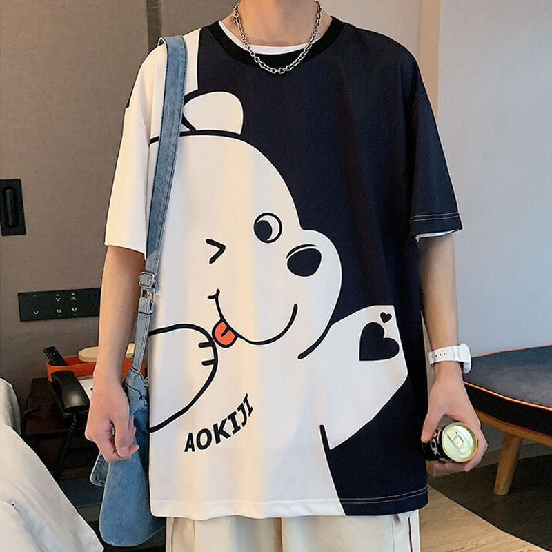 SC Cartoon printed T-shirt short sleeved men's fashion couple with loose five point short sleeved clothes
