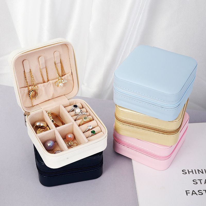 HZ0613-01 Leather Carrying Holder Zipper Portable Jewelry Storage Box Travel Case Jewelry