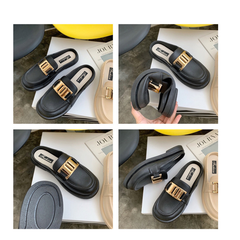 leather loafers Women's round-toe casual shoes Half-slippers for girls platform sandals