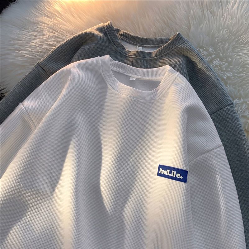 W11 Men's Spring Simple Waffle Long Sleeve Top Loose Crewneck Casual Top