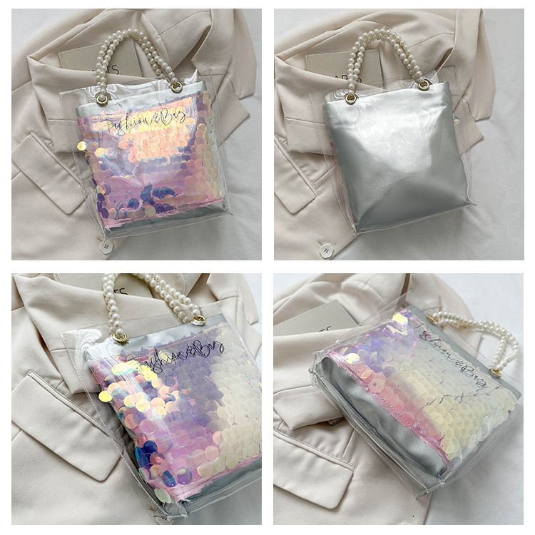 2024 New Transparent Laser Jelly Bag Shoulder PVC Pearl Tote Bag Fashion Shopping Bag