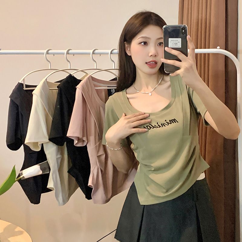 YF7842 Short sleeve crew neck letter embroidery solid color casual t shirt for women