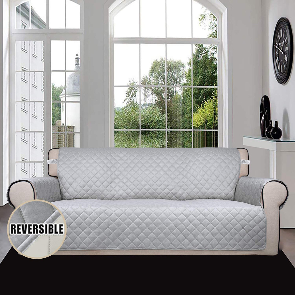 Sofa Slipcover Reversible Sofa Cover Water Resistant Couch Cover with Foam Sticks Elastic Straps Furniture Protector for Pets Kids Children Dog Cat