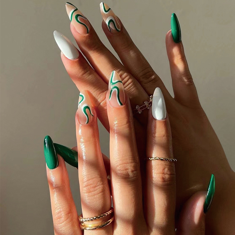 JP1932 24 Pcs Glossy Press on Nails, Medium Stiletto Green And White Color Block Waves Prints Fake Nails, Full Cover Artificial False Nails for Women and Girls
