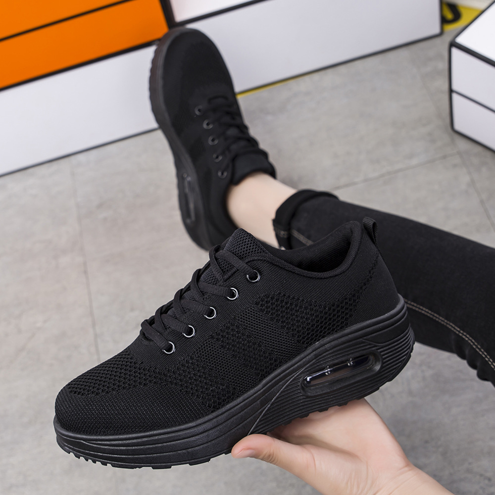 Women's Spring Fashion Breathable Mesh Sneakers Solid Black Platform Casual Dancing Shoes