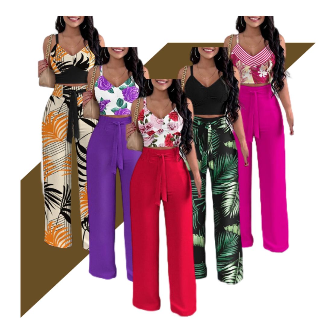 Women's fashion printed sexy suspender vest wide-leg trousers 2-piece party beach walking tour shopping suit lady ladies woman women shirt T-shirt blouse trousers set pants