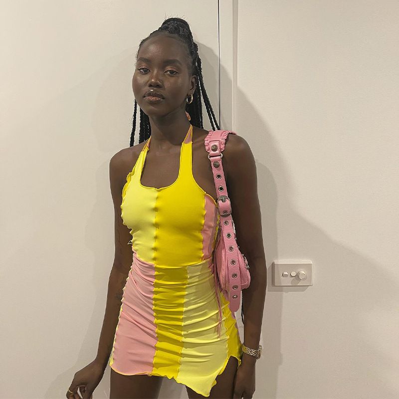 BR22Y127 Dress for Women Sexy Halter Neck Bodycon Mini Dresses Patchwork Club Party Short Dress Summer Streetwear