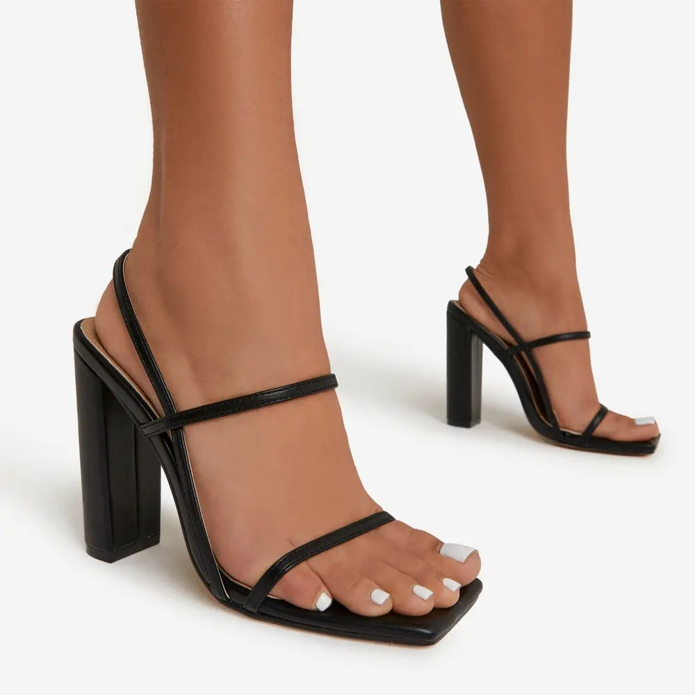 bh88118 Women High Block Heels Mules Open Toe Ankle Strap Sandals Square Toe Pumps