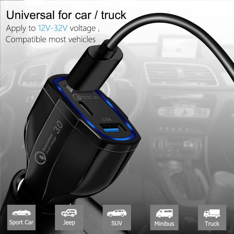 Car phone charger qc3.0 fast charging dual USB car cigarette lighter 24V truck charging PD flash charging CRRSHOP car charge black white With LED lights USB Car Charger