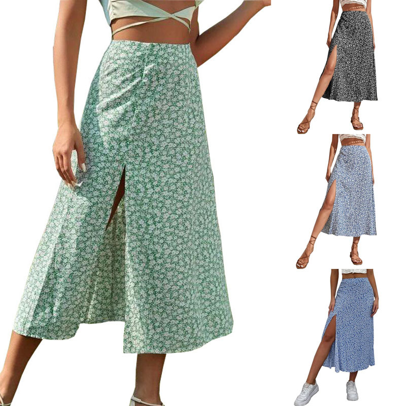 J99221 Women's Summer New Floral Skirt Split A-Line Long Skirt