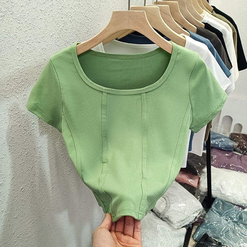 YF7794 Candy-colored fishbone pure desire slim summer square collar high waist women short-sleeved T-shirt