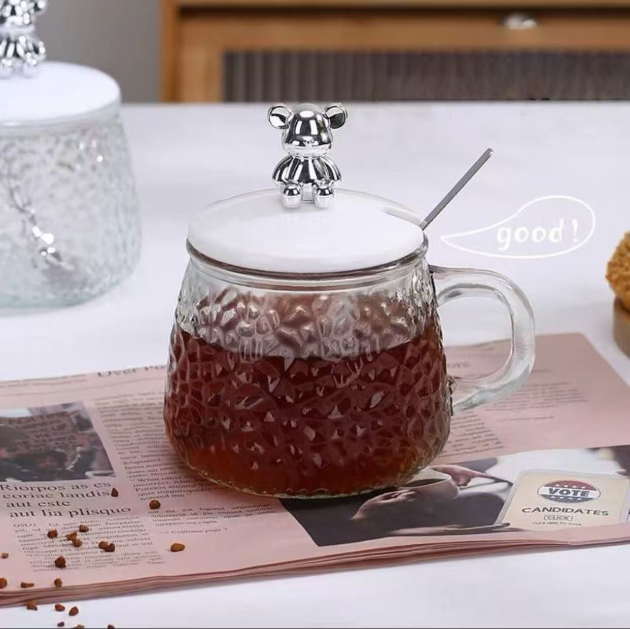 "Hammer Texture Meets Cute Bear! Glass Water Cup with Spoon, Start Your Delicate Drinking Time"
