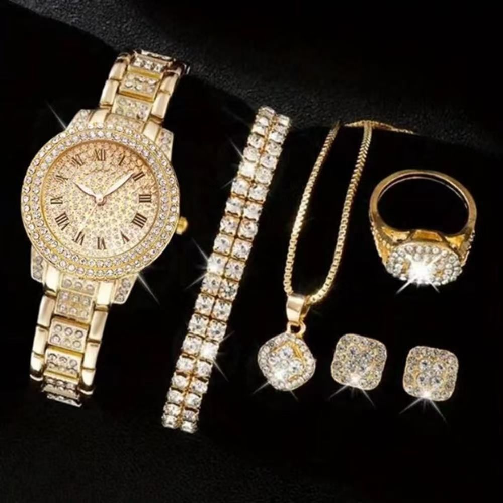 Luxury Full Rhinestone Inlaid Jewelry 5 Pieces Set, Fashion Heart Shaped Necklace, Earrings, Ring and Quartz Wrist Watch, Sparkly Bling Daily Party Decorative Accessory Gift Kit for Women Ladies