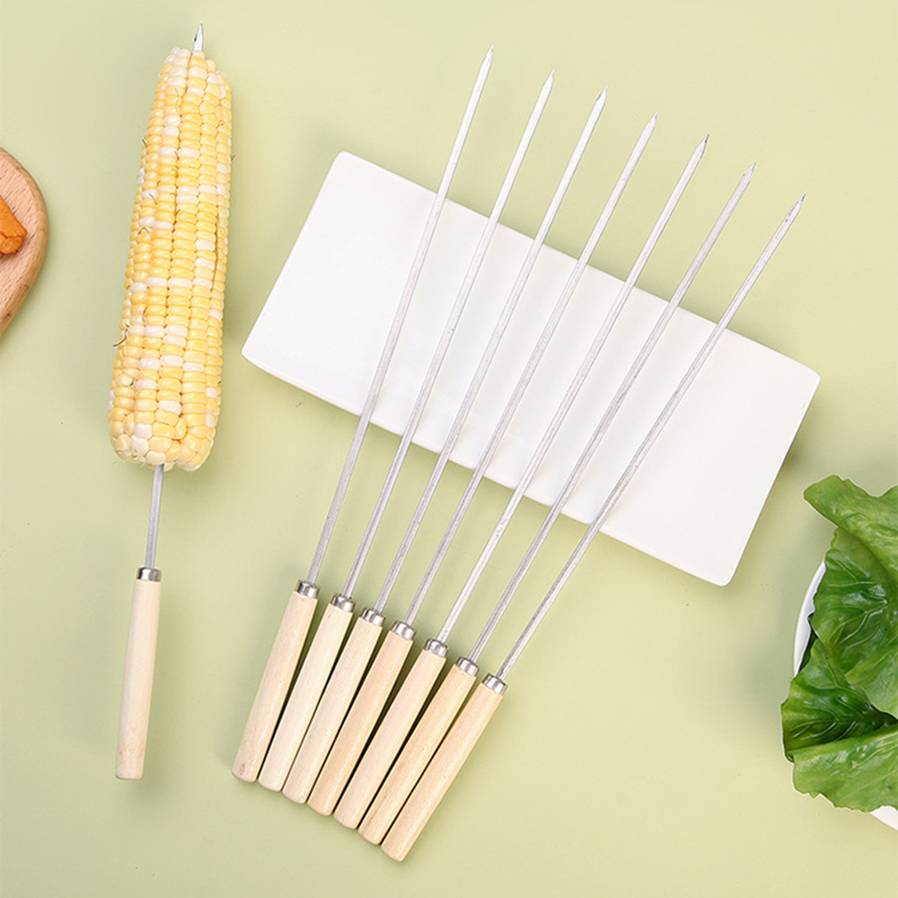 40Pcs Stainless Steel Barbecue Wooden Handle Sticks BBQ Grill Skewers Roasting Needle Sticks Outdoor Camping BBQ Picnic Tools