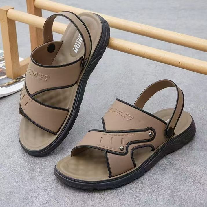 Fashion and personality! Men's khaki cross-strap sandals with rubber soles for a comfortable travel experience"