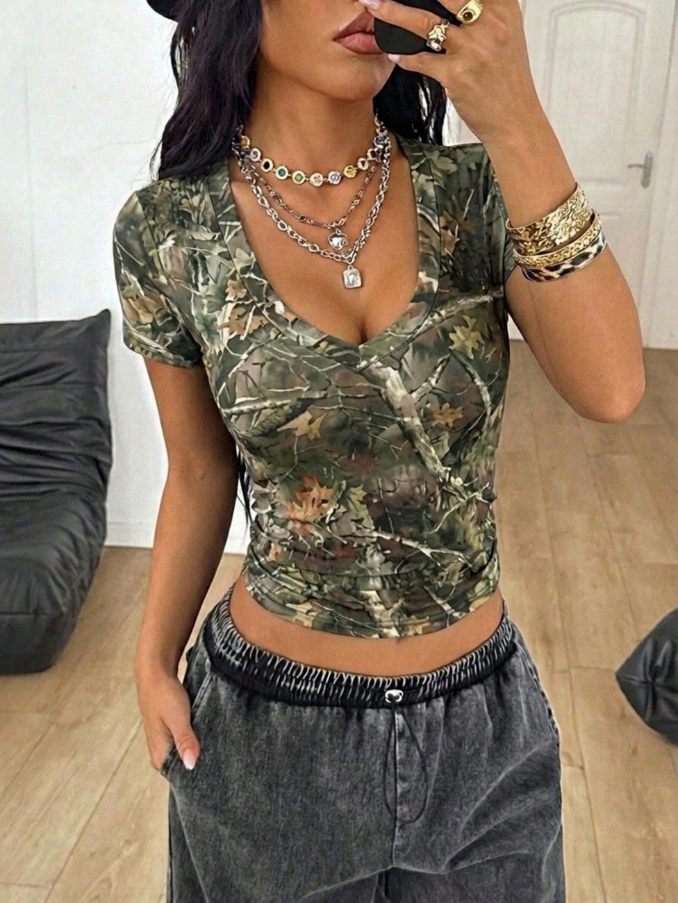 Summer Hot Girl Style Camouflage Print T-shirt Women Short Sleeve Ruched Waist Slim Casual Trendy Tops