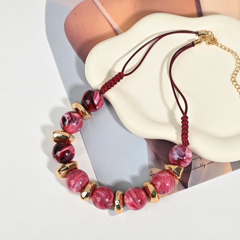 Bold Magenta Swirl Resin Bead Necklace with Gold Accents, Adjustable Red Cord Chunky Statement Choker for Women, Modern Ethnic Style

