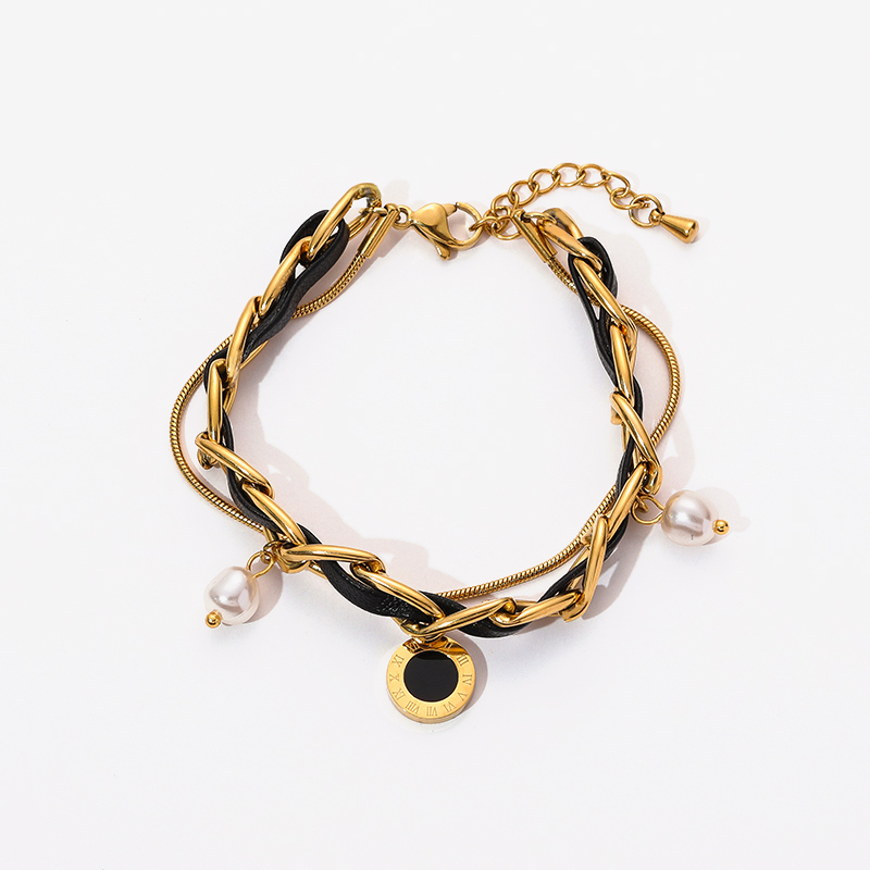 B725 Stainless Steel Leather Cord Metal Thick Chain 2-Layer Charm Bracelet Roman Numeral Dial Bracelet For Women Jewelry