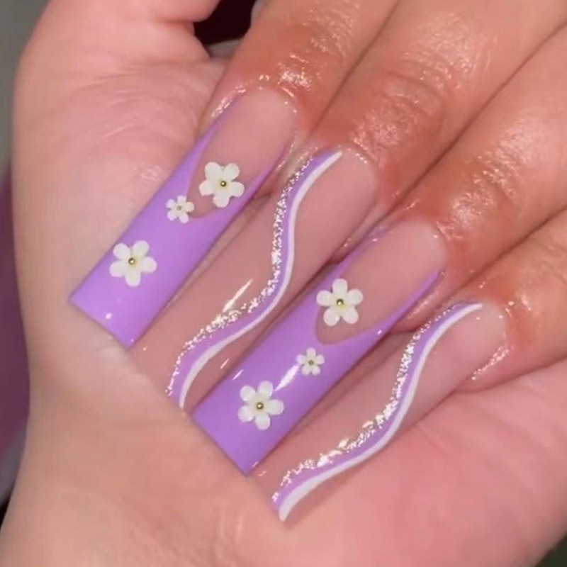 JP1471 24 Pcs Glossy Press on Nails, Super Long Small Flower Line Gold Glitter Fake Nails, Full Cover Artificial False Nails for Women and Girls