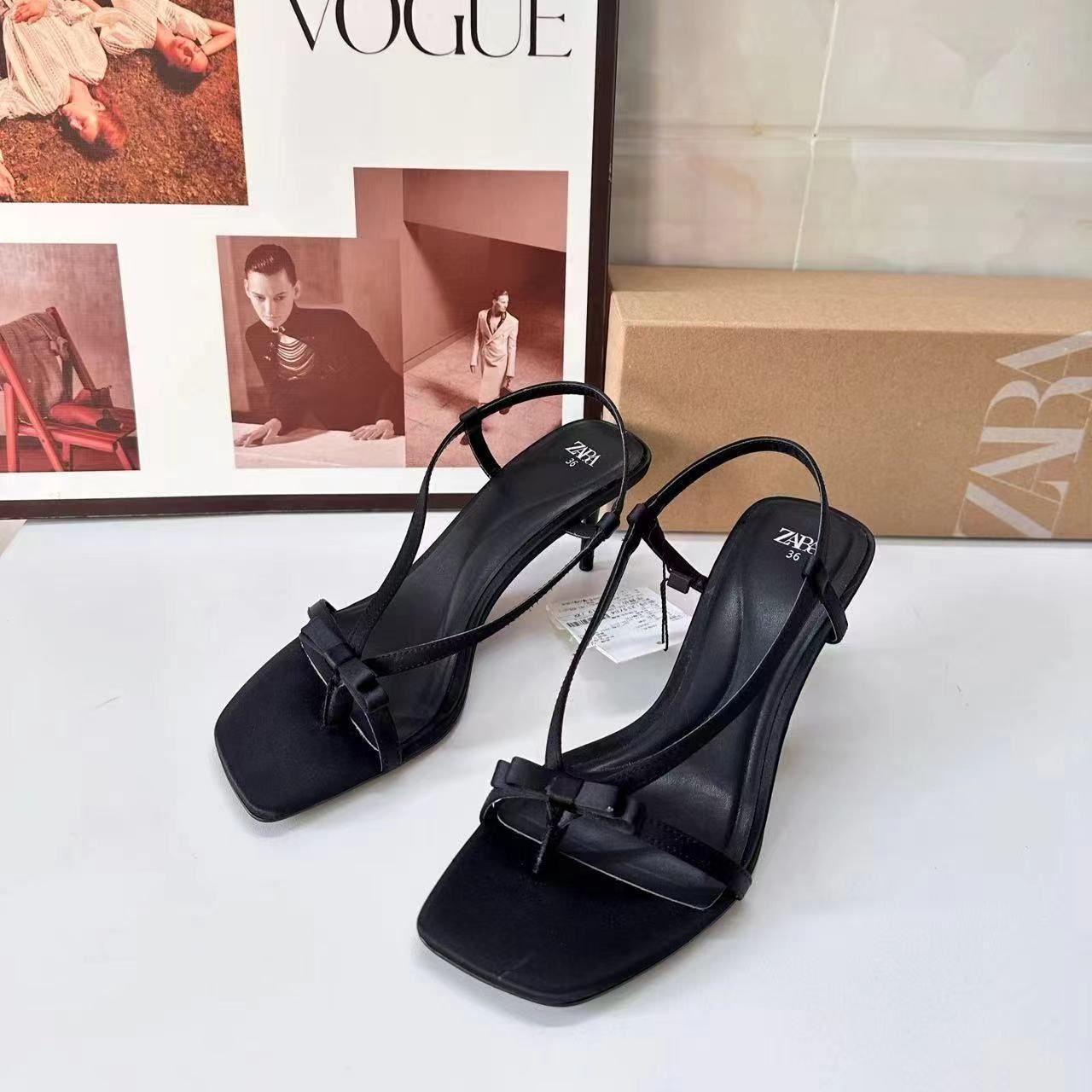 ZA new 2024 summer French high heels women's shoes square head line with shallow mouth thin heels fashion senior open toe breathable
