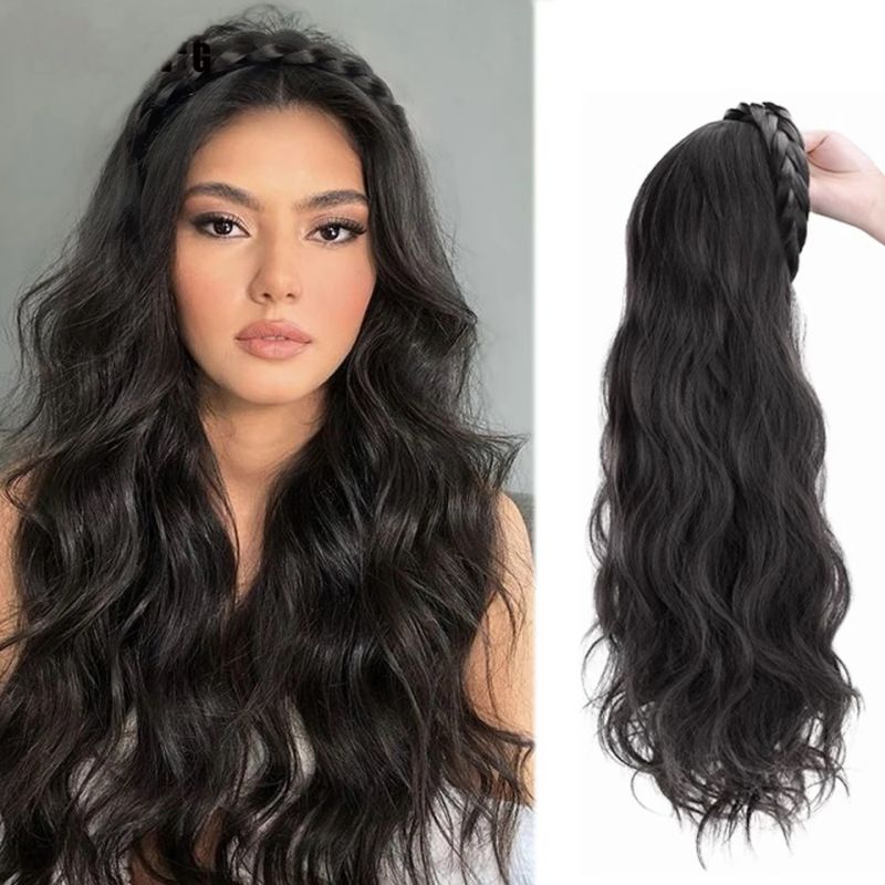 Women Fashion Fishbone Braid Headband Half Wig Soft Long Wavy Curly Synthetic Hairpieces Breathable Invisible Half Head Hair Extension for Daily Dating Party Makeup Styling