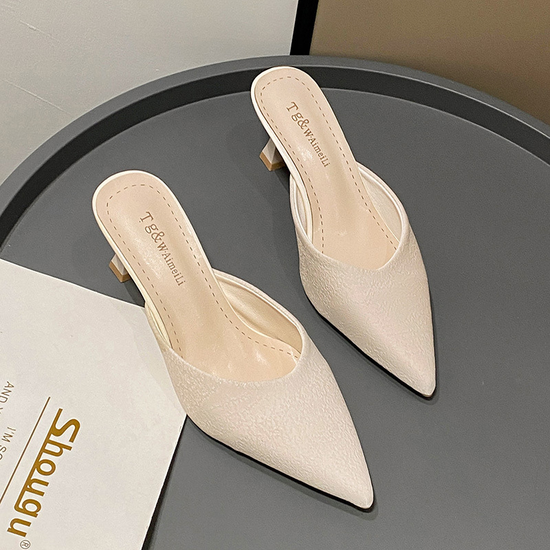 High Heel Slippers New Women's Mules Shoes Pointed Toe Closed Toe Half Slippers Women's Stiletto Heel Fashion SandalsBeige