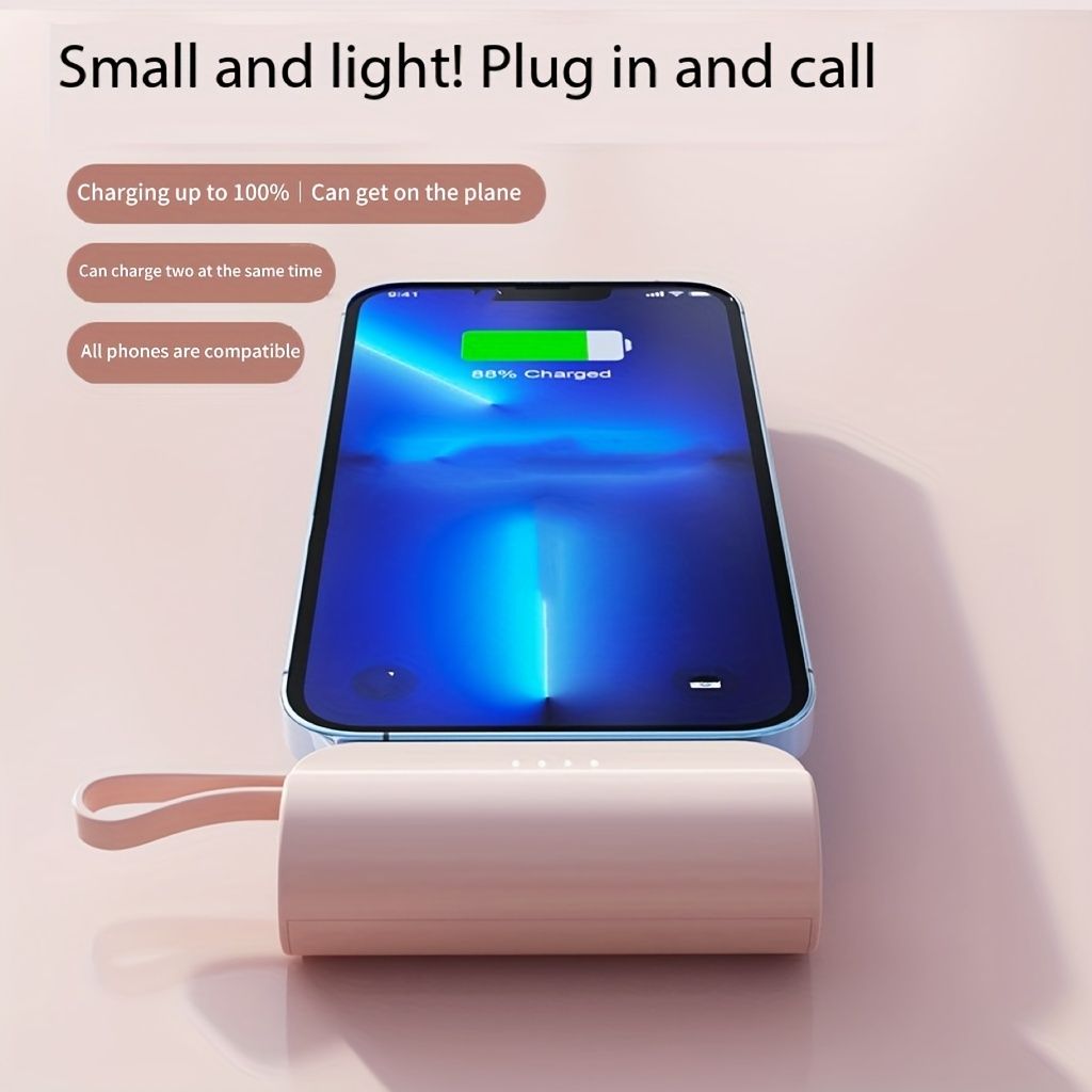 Portable capsule mobile power bank with Type-C data cable dual interface, 5000 mAh, with mobile phone holder pocket, small and portable, can be taken on the plane, compatible with iPhone 15 14 13 12 11 X 8 7 6 series