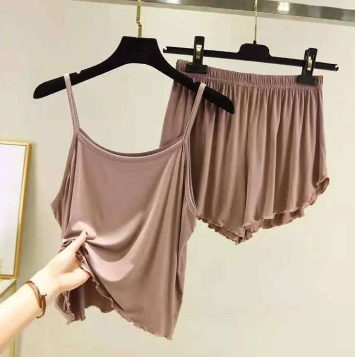 SL Women's Sleepwear Pajamas Leisure Wear ladies camisole Loose Home Suits tops+trousers (Pack of 2)Brown