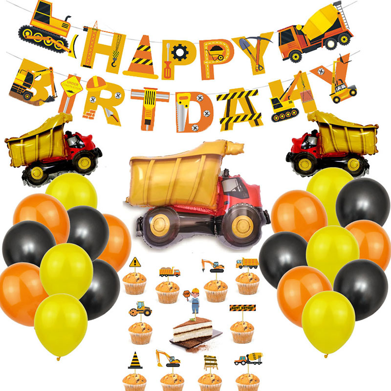 Construction Vehicles Birthday Party Supplies,Excavator Happy Birthday Banner Truck Aluminium Foil Balloons for Kids Birthday Party
