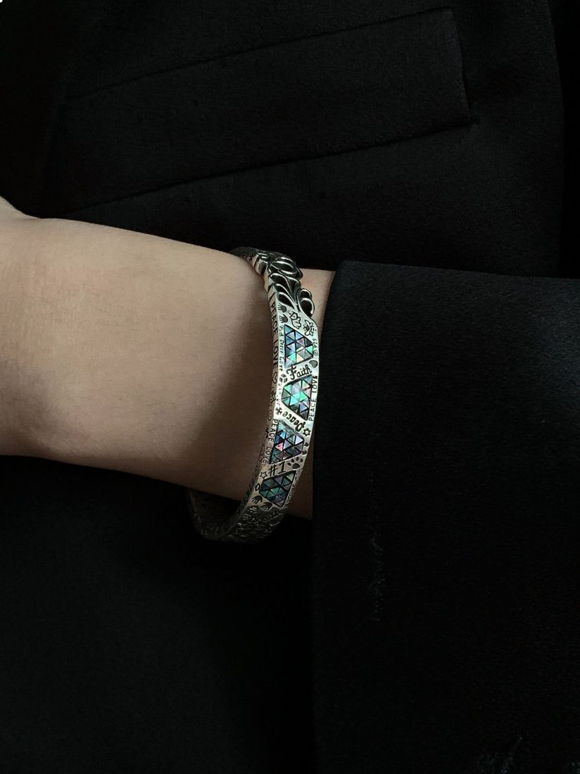 Magnetic Gaming Headset Abalone Bracelet Open Cuff - Iridescent Paua Shell Silver Bangle