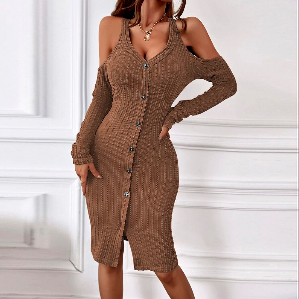 WDCH0350 Women's New Single Breasted Hollow Out Dress, Knitted Buttocks Wrapped Dress