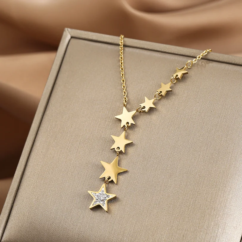 【XLH1082】Stainless Steel Fashion Fine Jewelry Zircon Many Gradient Size Stars Tassel Charm Chain Choker Necklaces Pendants For Women
