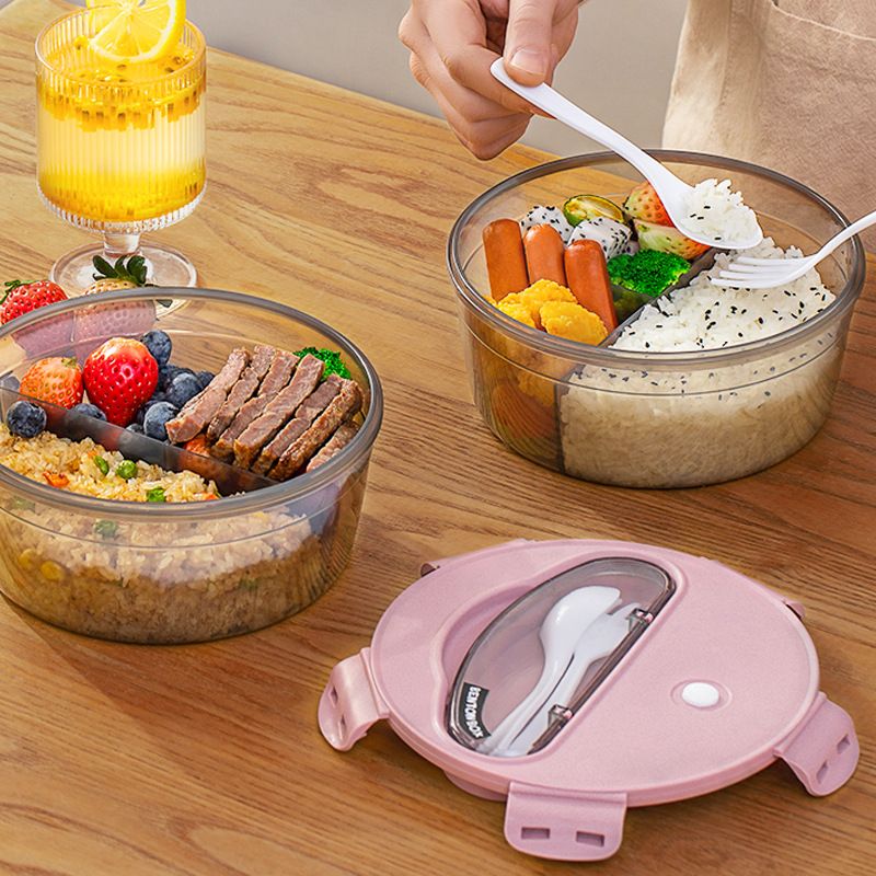 1380ML Round Divided Lunch Box, 3-Compartment Food-Grade Plastic Meal Prep Container with Sealed Lid & Built-in Utensils, Microwave Safe Portable Bento Box for Office, School & Travel
